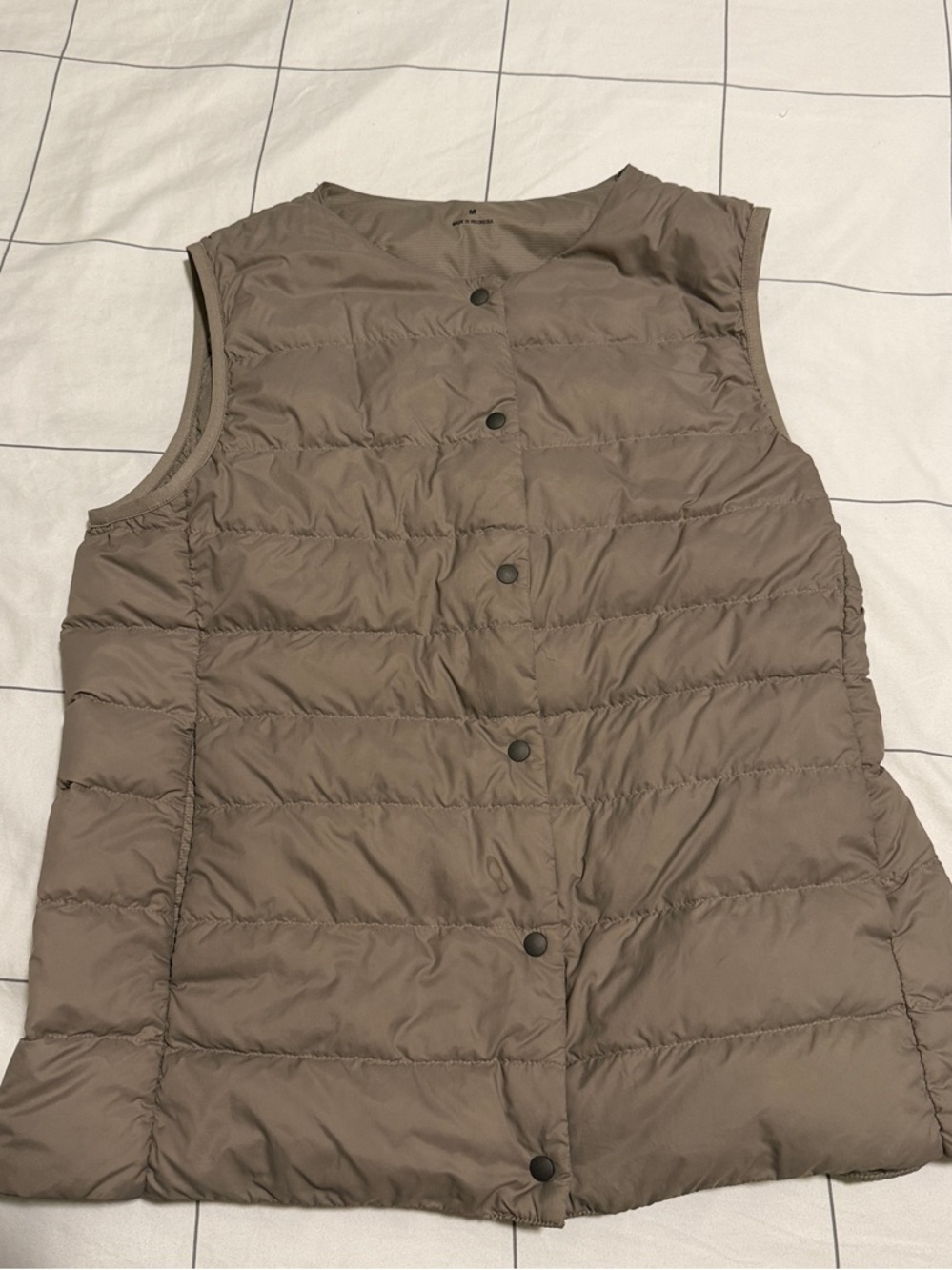 Muji Quilted Lightweight Collarless Down Vest - Taupe (M)